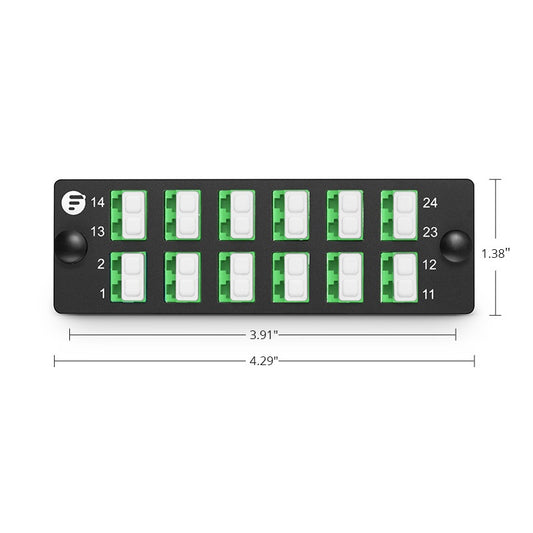 Fiber Adapter Panel, 24 Fibers OS2 Single Mode, 12 x LC APC Duplex (Green) Adapter, Ceramic Sleeve