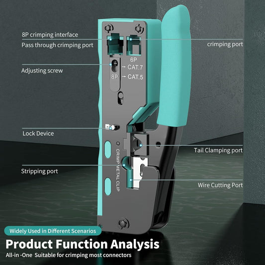 RJ45 Pass Through Crimp Tool, Ethernet Crimping Tool Kit All-in-one Crimper for Cat7 Cat6 Cat5 8P RJ45 6P RJ11/12 Connectors