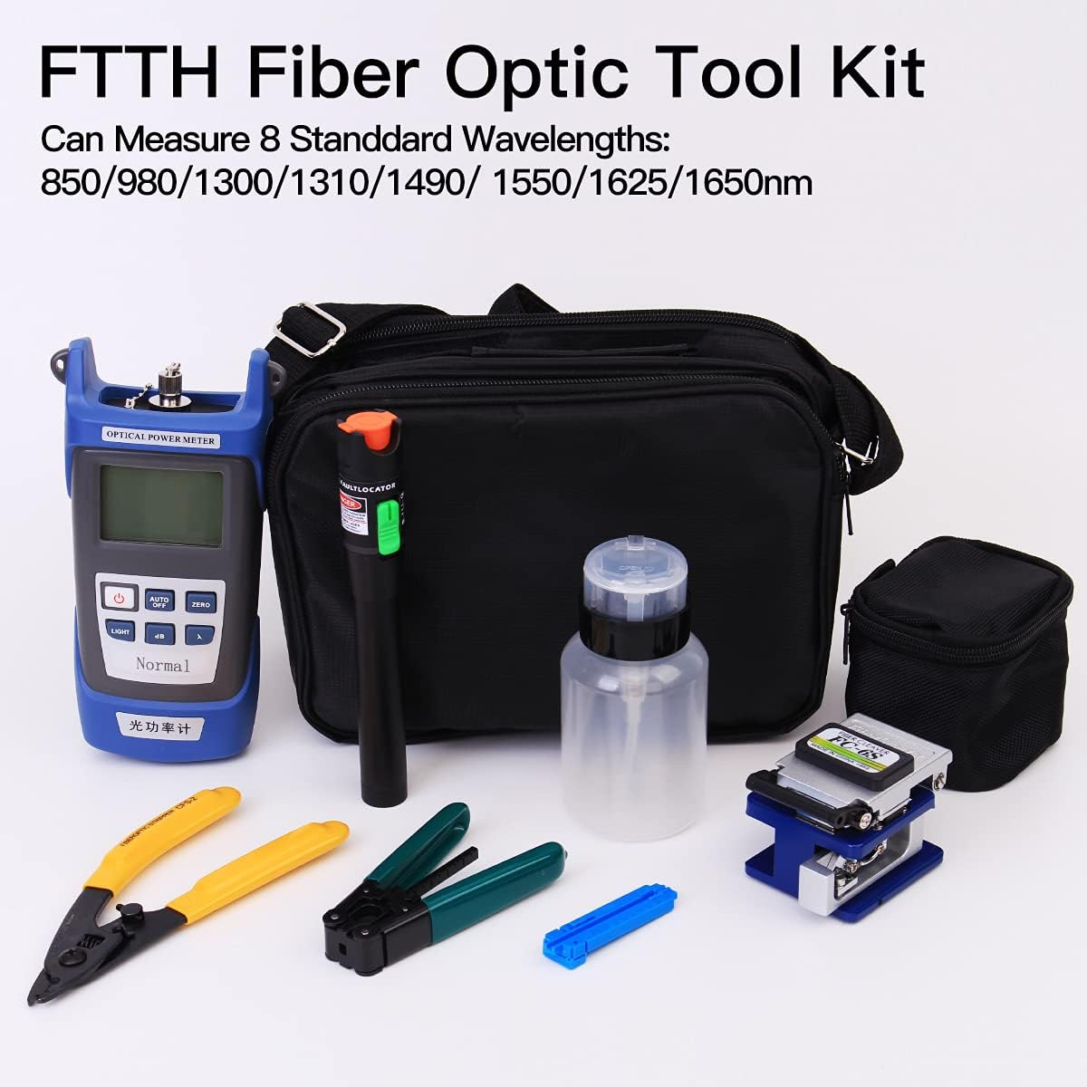Fiber Optic Termination Tool Kit - 9 in 1 Assembly FTTH tool kit with FC-6S Cleaver, Optical Power Meter, Finder - 30km Visual Fault Locator, Optical Pliers, Cable Cutter, Stripper