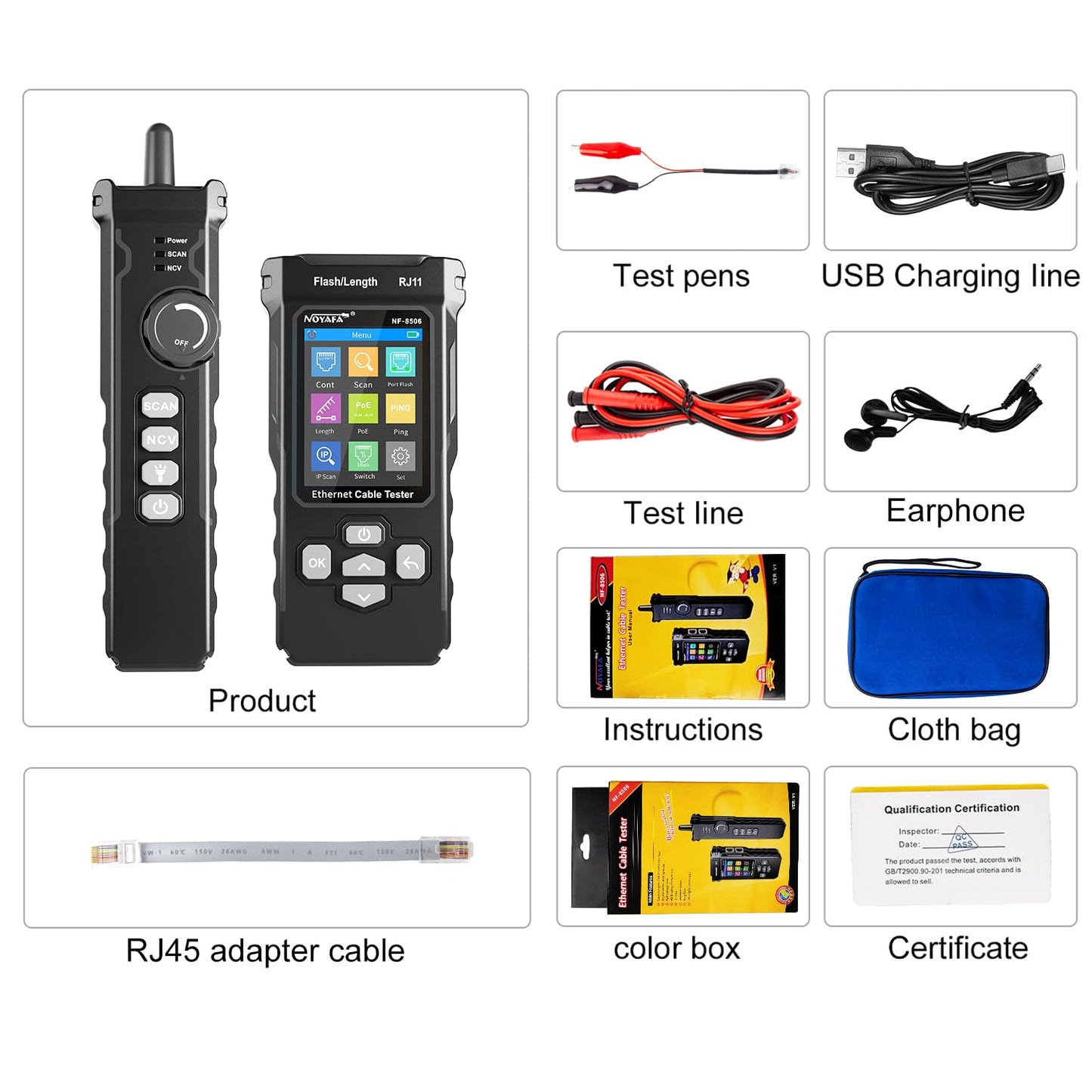 Ethernet Network Cable Tester with IP Scan NF-8506 , TDR CAT5 CAT6, PoE Ping Test, Network Rate Test, Port Flashing, Network Tester Cable Toner for RJ11 RJ45