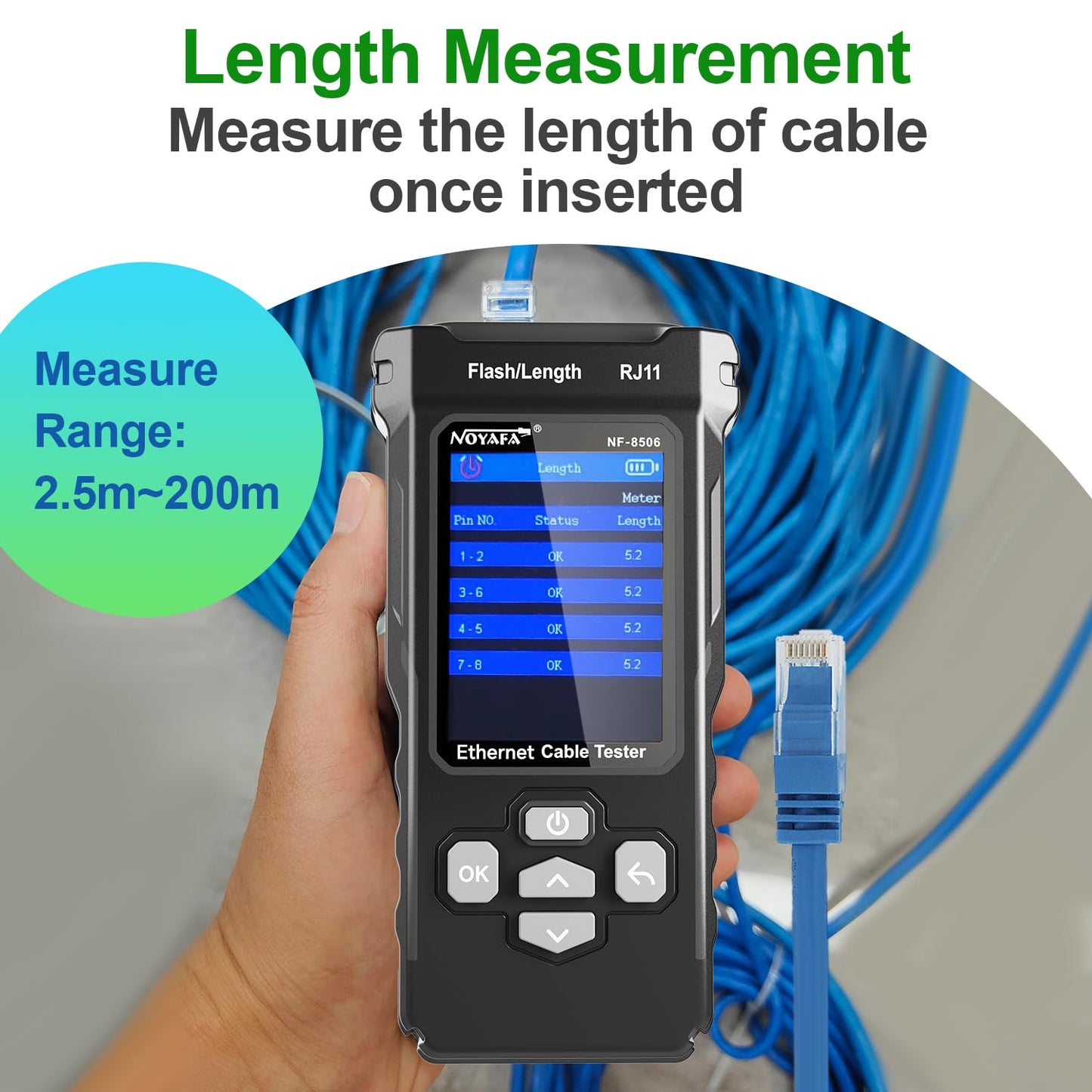 Ethernet Network Cable Tester with IP Scan NF-8506 , TDR CAT5 CAT6, PoE Ping Test, Network Rate Test, Port Flashing, Network Tester Cable Toner for RJ11 RJ45