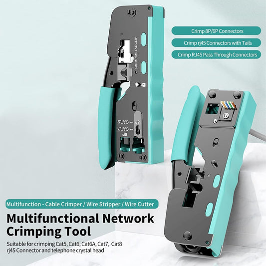 RJ45 Pass Through Crimp Tool, Ethernet Crimping Tool Kit All-in-one Crimper for Cat7 Cat6 Cat5 8P RJ45 6P RJ11/12 Connectors
