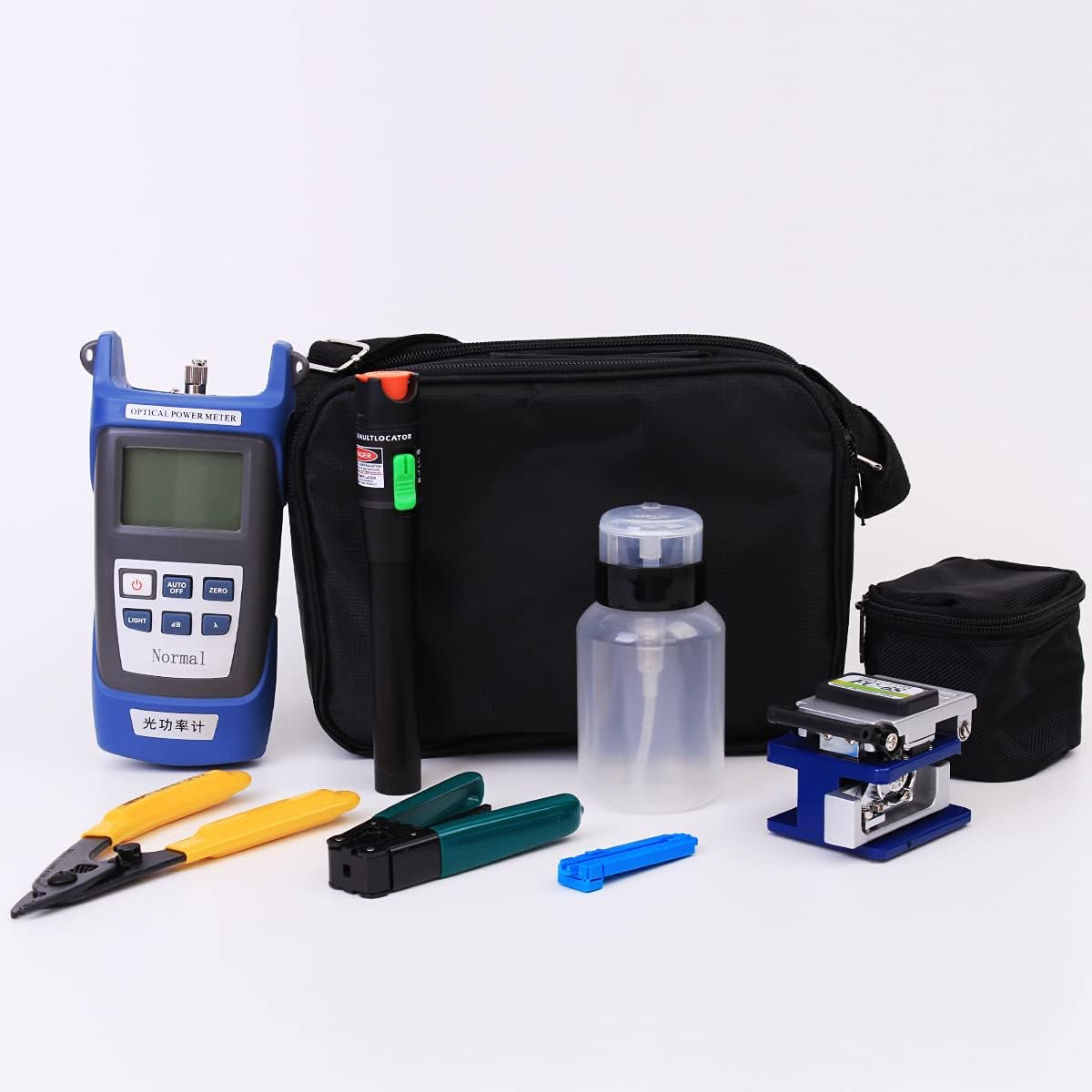 Fiber Optic Termination Tool Kit - 9 in 1 Assembly FTTH tool kit with FC-6S Cleaver, Optical Power Meter, Finder - 30km Visual Fault Locator, Optical Pliers, Cable Cutter, Stripper
