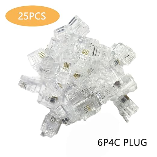 RJ11 Connectors 25 Pack 6P4C Plug Telephone Modular Plug Phone Jack Adapter Crimp End Telephone Cord Connector