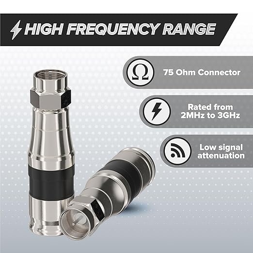Compression Connectors for RG11 Coaxial Cable, 10 PCS, Water Tight O Ring, Indoor/Outdoor, F81, F-Type, 75 Ohm, 3 GHz, Black