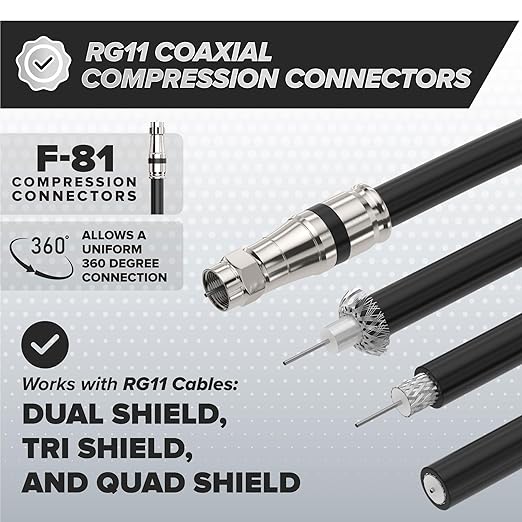 Compression Connectors for RG11 Coaxial Cable, 10 PCS, Water Tight O Ring, Indoor/Outdoor, F81, F-Type, 75 Ohm, 3 GHz, Black