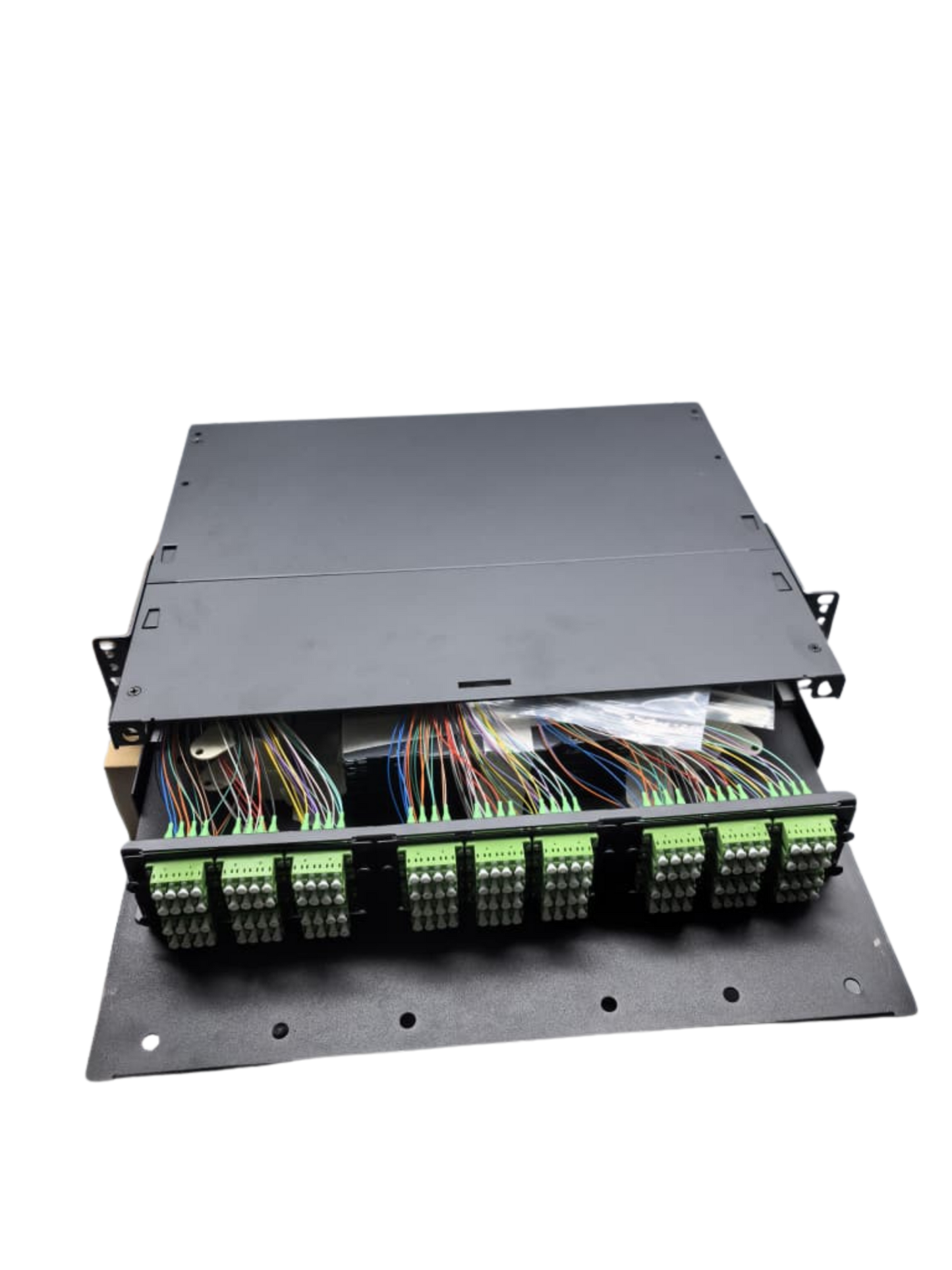 4U 288Core High Density Sliding Patch Panel, Loaded w/ 12pcs 24Core LC/APC Quad Adapter, 24 PCS LCAPC Single Mode Pigtails, 12pcs 24Core Fiber Splice Tray.