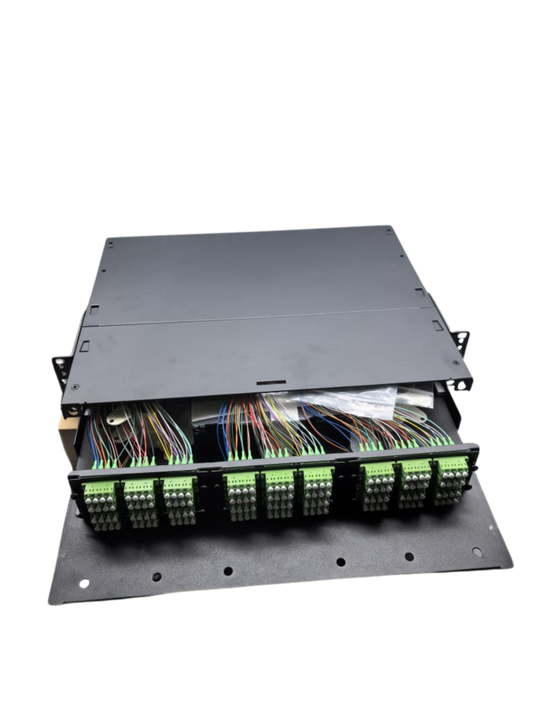 4U 288Core High Density Sliding Patch Panel, Loaded w/ 12pcs 24Core LC/APC Quad Adapter, 24 PCS LCAPC Single Mode Pigtails, 12pcs 24Core Fiber Splice Tray.