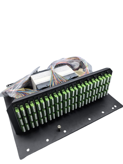 4U 288Core High Density Sliding Patch Panel, Loaded w/ 12pcs 24Core LC/APC Quad Adapter, 24 PCS LCAPC Single Mode Pigtails, 12pcs 24Core Fiber Splice Tray.